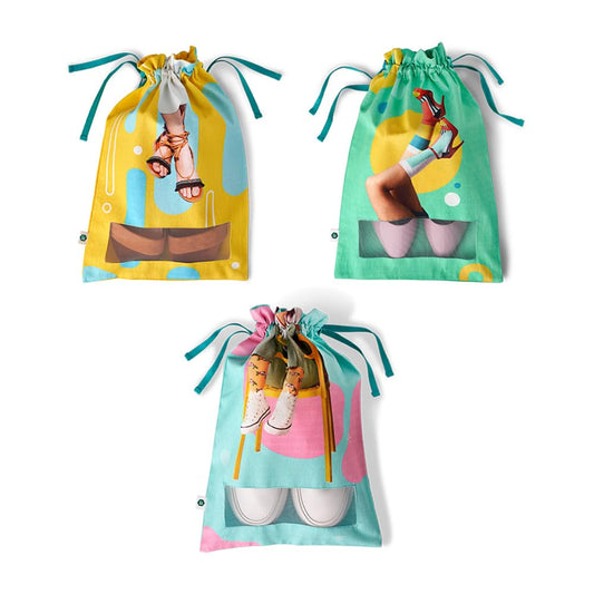 Hexafun 100% Organic Printed Cotton Women's Shoe Bags for Travel and Storage | for Dustproof Packing | Portable Footwear Organizer Bag | Drawstring Shoe Cover - Pack of 3